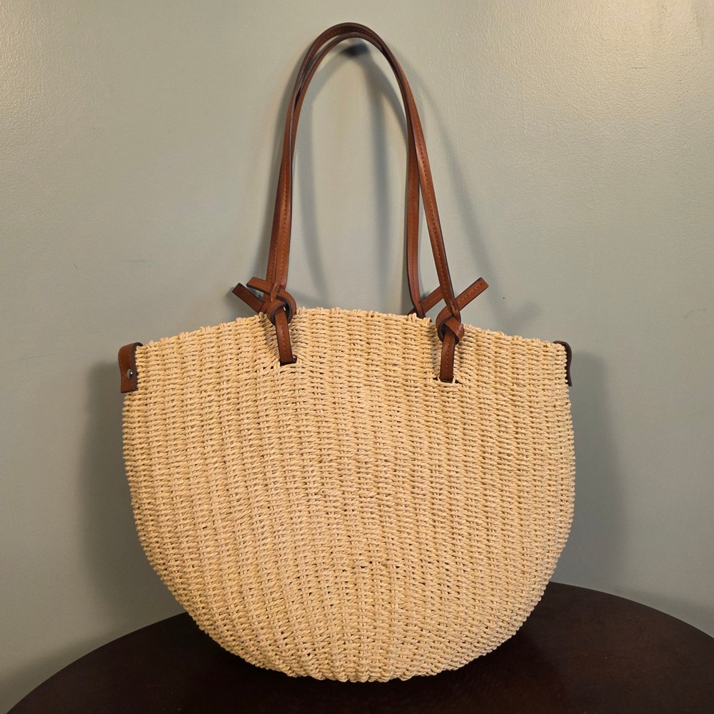 Mango MNG Woven Straw Tote Bag Beige Tan Boho Summer Beach Shoulder Bag
